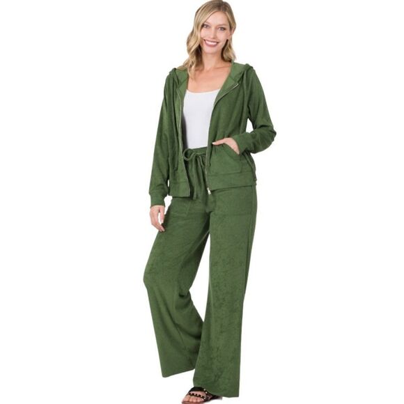 NWT LOOP TERRY ZIP UP HOODIE JACKET & PANTS SET Army Green - Picture 1 of 3